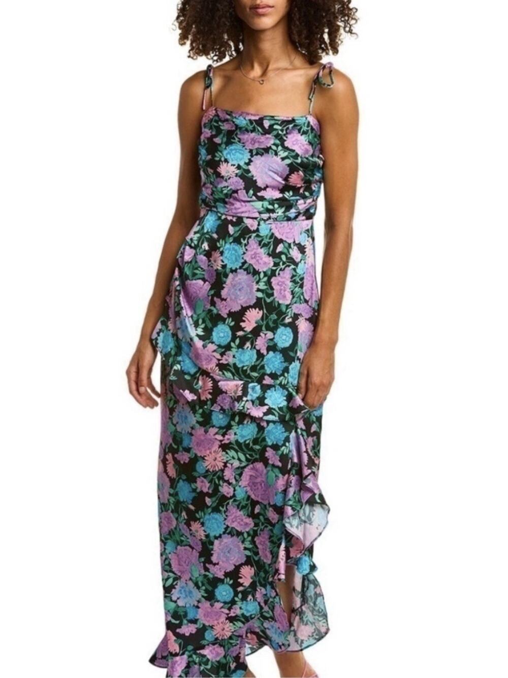 WAYF Whirlwind Tie Strap Maxi Dress Womens XL Purple Floral Ruffle Silky Strappy